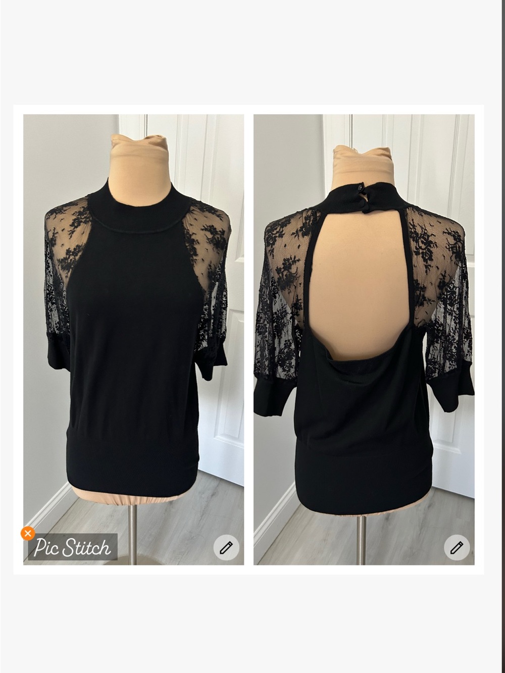Boston Proper Black Lace Sleeve Open Back Sweater